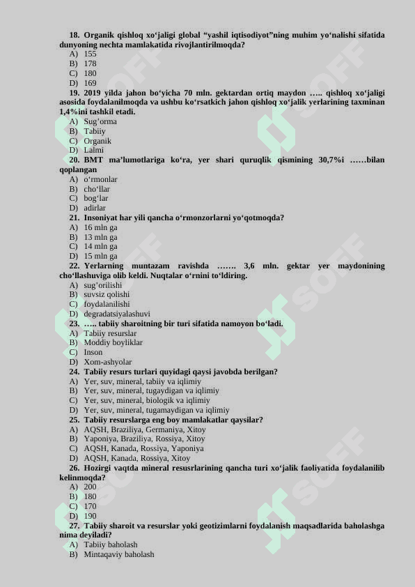 YASHIL IQTISODIYOT” FANIDAN TESTLAR BAZASI (YAKUNIY NAZORAT UCHUN 3