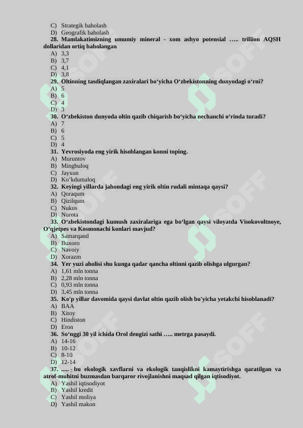 YASHIL IQTISODIYOT” FANIDAN TESTLAR BAZASI (YAKUNIY NAZORAT UCHUN 4