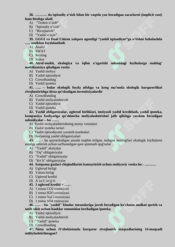 YASHIL IQTISODIYOT” FANIDAN TESTLAR BAZASI (YAKUNIY NAZORAT UCHUN 5