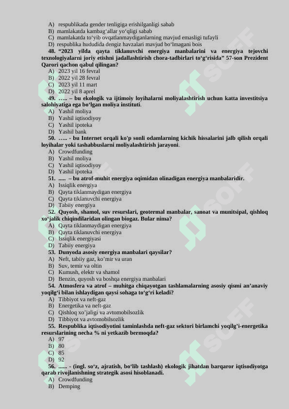 YASHIL IQTISODIYOT” FANIDAN TESTLAR BAZASI (YAKUNIY NAZORAT UCHUN 6