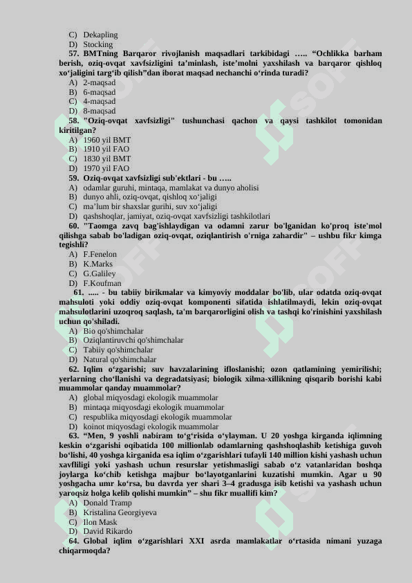 YASHIL IQTISODIYOT” FANIDAN TESTLAR BAZASI (YAKUNIY NAZORAT UCHUN 7