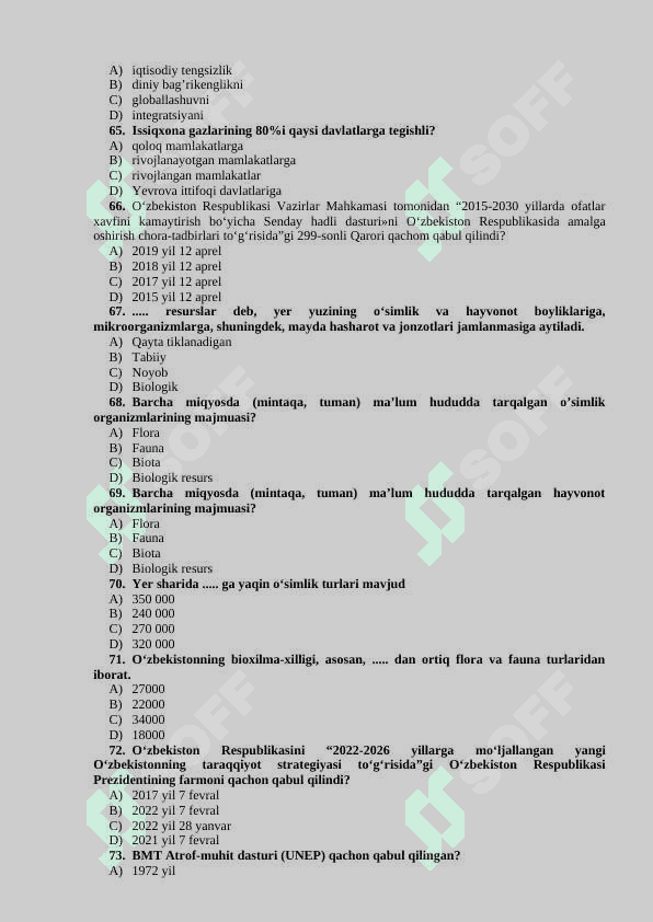 YASHIL IQTISODIYOT” FANIDAN TESTLAR BAZASI (YAKUNIY NAZORAT UCHUN 8