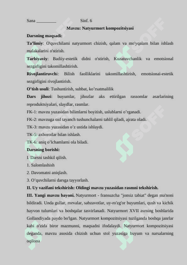Natyurmort kompozitsiyasi mavzusida dars ishlanmasi 2