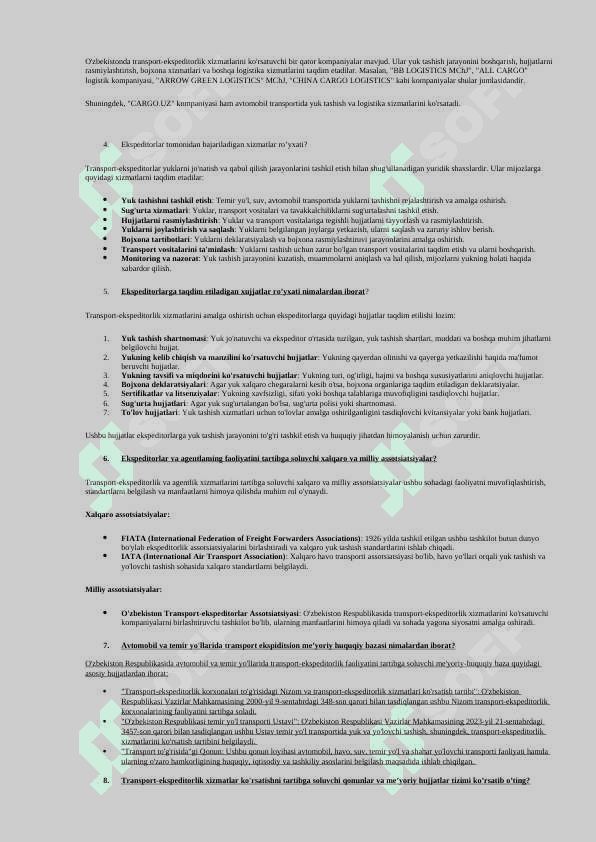 Transport-ekspeditorlik xizmatlar fanidan savollar 34ta (javoblari bilan) 2