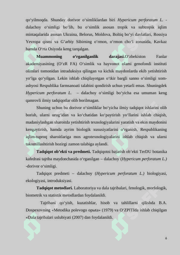 TERMIZ SHAROITIDA O‘STIRILAYOTGAN DALACHOY  (HYPERICUM PERFORATUM  L.) O‘SIMLIGINING AYRIM BIOLOGIK XUSUSIYATLARI 6