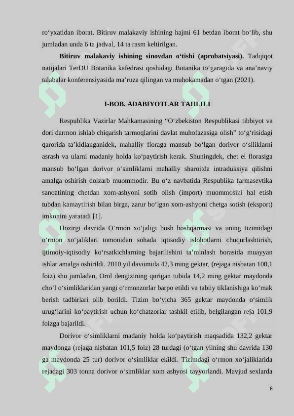 TERMIZ SHAROITIDA O‘STIRILAYOTGAN DALACHOY  (HYPERICUM PERFORATUM  L.) O‘SIMLIGINING AYRIM BIOLOGIK XUSUSIYATLARI 8