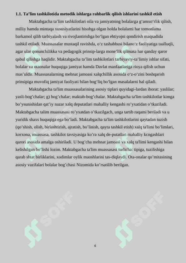 Maktabgacha ta`lim tashkilotlarida  metodik ishlarni tashkil etish va rahbarlik qilish. 6