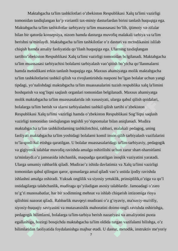 Maktabgacha ta`lim tashkilotlarida  metodik ishlarni tashkil etish va rahbarlik qilish. 7
