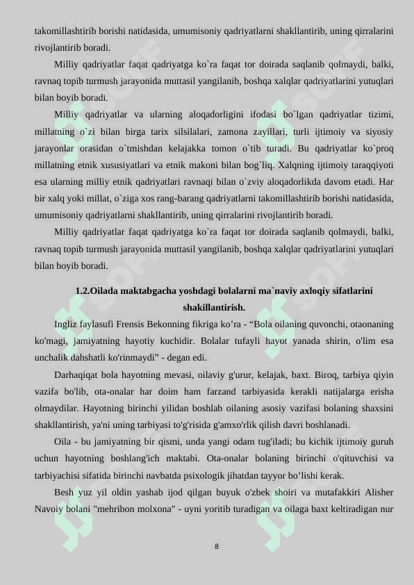 Maktabgacha ta`lim yoshidagi bolalar shaxsini barkomol qilib tarbiyalashda milliy  urf odatlardan foydalanish. 8