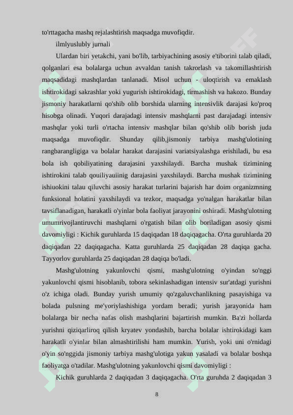MASHG`ULOTLAR ORASIDA CHALG`ITUVCHI JISMONIY HARAKATLARNI REJALASHTIRISH 8
