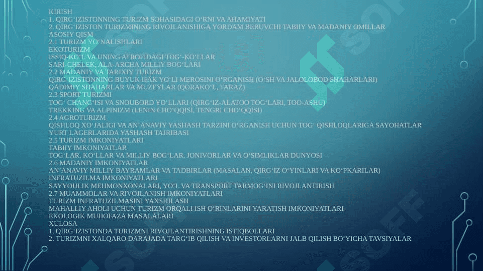 Turizm asosiy  Yo‘nalishlari va Imkoniyatlar (QIRG’IZISTON) 2