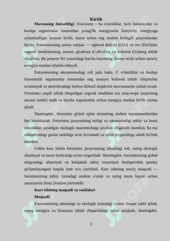 Fotosintezni tabiatda tutgan o`rni 2
