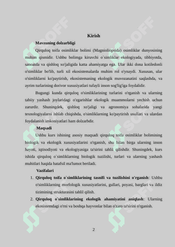 Qirquloq toifa o`simliklar bo`limi kurs ishi 2