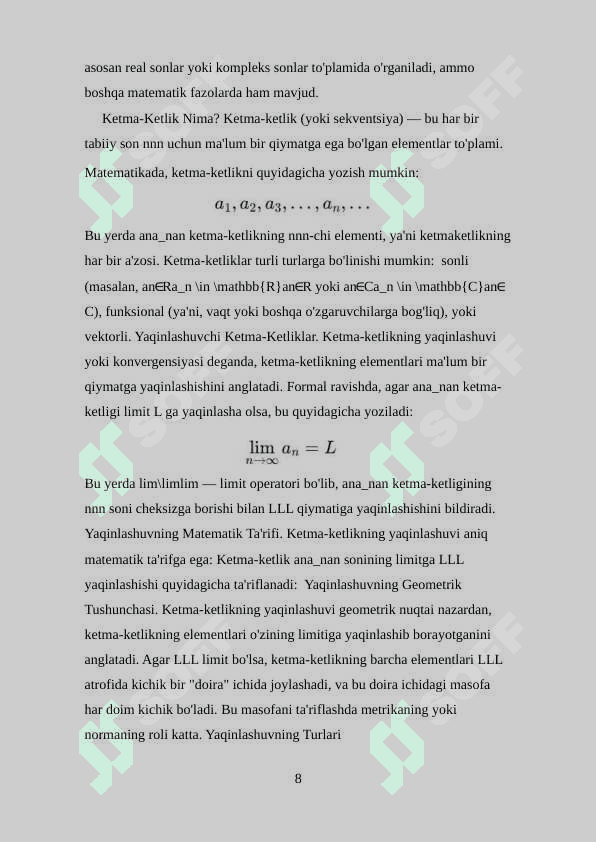 Yaqinlashuvchi ketma-ketliklar to'plamini chiziqli fazo sifatida o'rganish 8