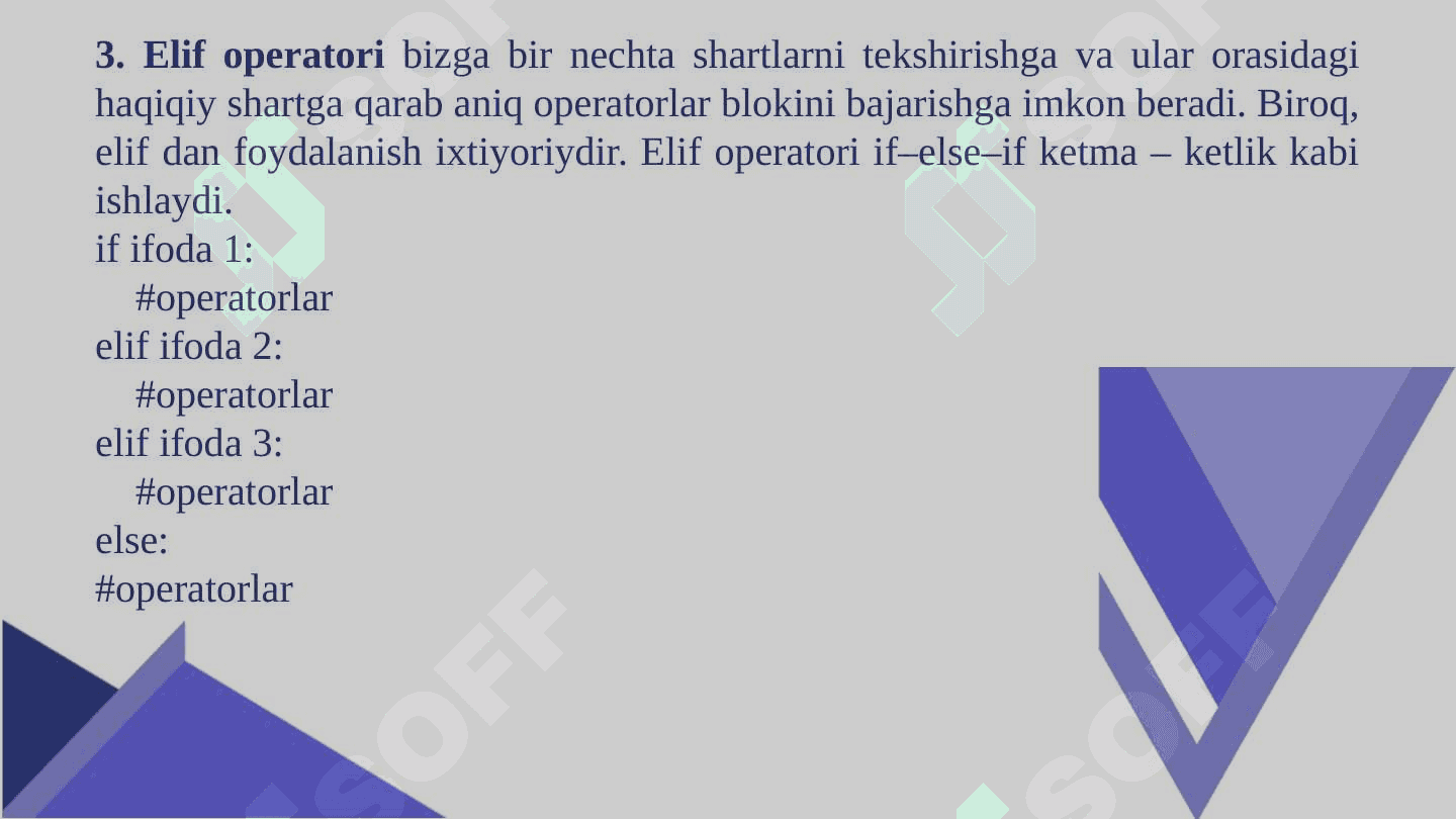 Python dasturlash tilida shart operatorlarini (tarmoqlanuvchi jarayonlarni) o’quvchilarga hayotiy misollar bilan tushuntirish va misollar yechish 3