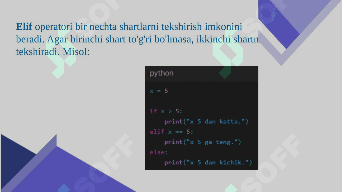Python dasturlash tilida shart operatorlarini (tarmoqlanuvchi jarayonlarni) o’quvchilarga hayotiy misollar bilan tushuntirish va misollar yechish 4