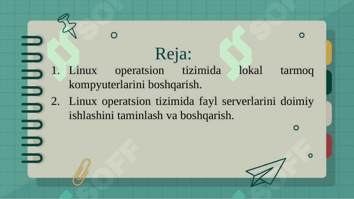 Linux operatsion tizimida lokal tarmoq kompyuterlarini boshqarish. Linux operatsion tizimida fayl serverlarini doimiy ishlashini taminlash va boshqarish. 2