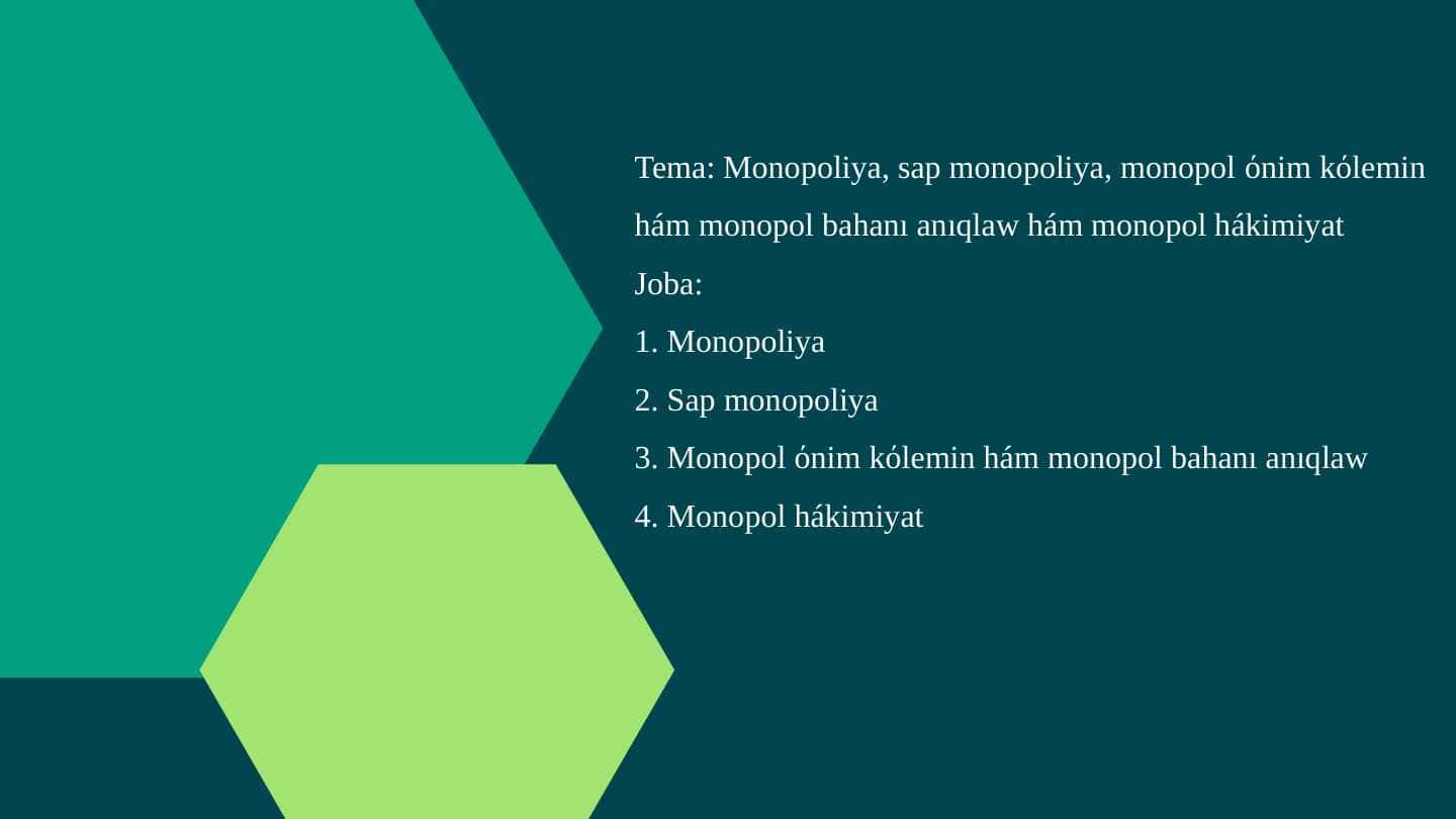 Monopoliya, sap monopoliya, monopol όnim kόlemin hám monopol bahanı anıqlaw hám monopol hákimiyat