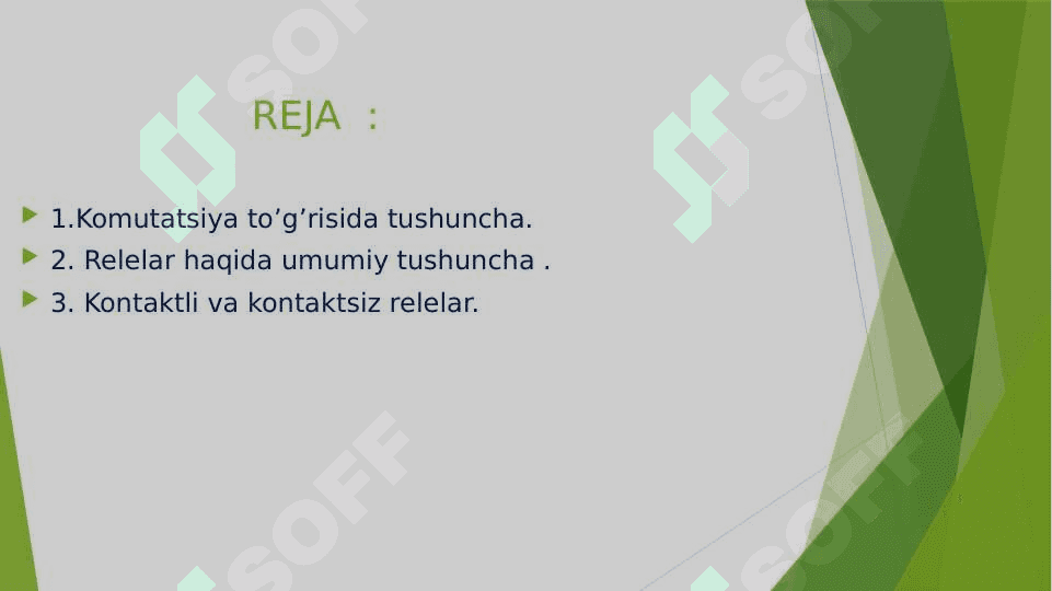 Boshqarish sistemalarini rele, kommutatsiya elementlari. Boshqarish sistemalarini rele, kommutatsiya elementlari. 2