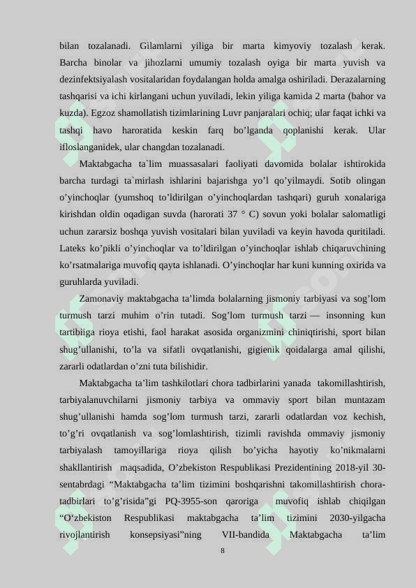Maktabgacha taʼlim muassasalarida sanitar epidemiologik rejimni taʼminlash sanitariya qoida va meʼyorlari 8