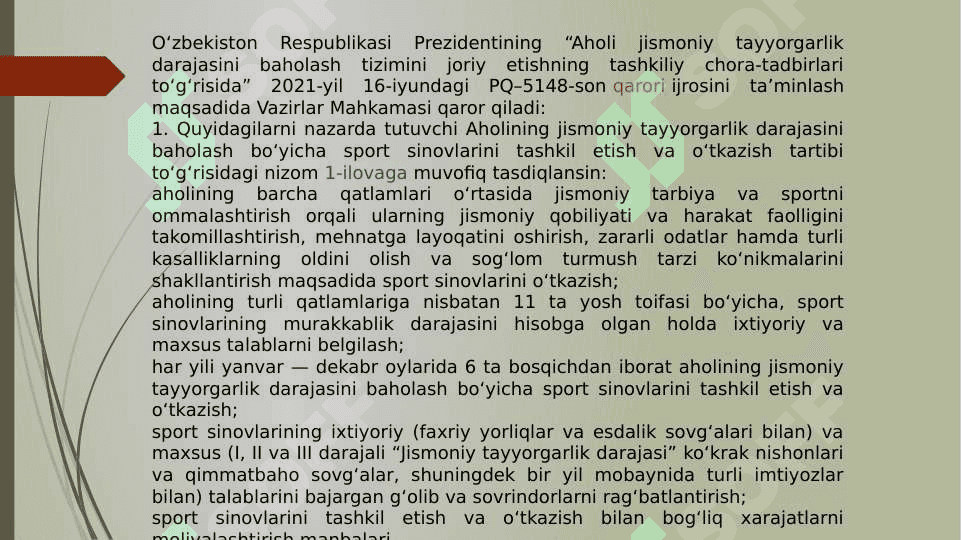 Aholining jismoniy taryrgarligi va salomatlik darajasini belgilab beruvchi “Sport sinovlari” maxsus talablari 2