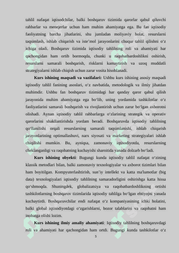 Iqtisodiy tahlil fanining nazariy asoslari, tahlilning zamonaviy boshqaruvdagi roʻli, oʻrni va ahamiyati 5
