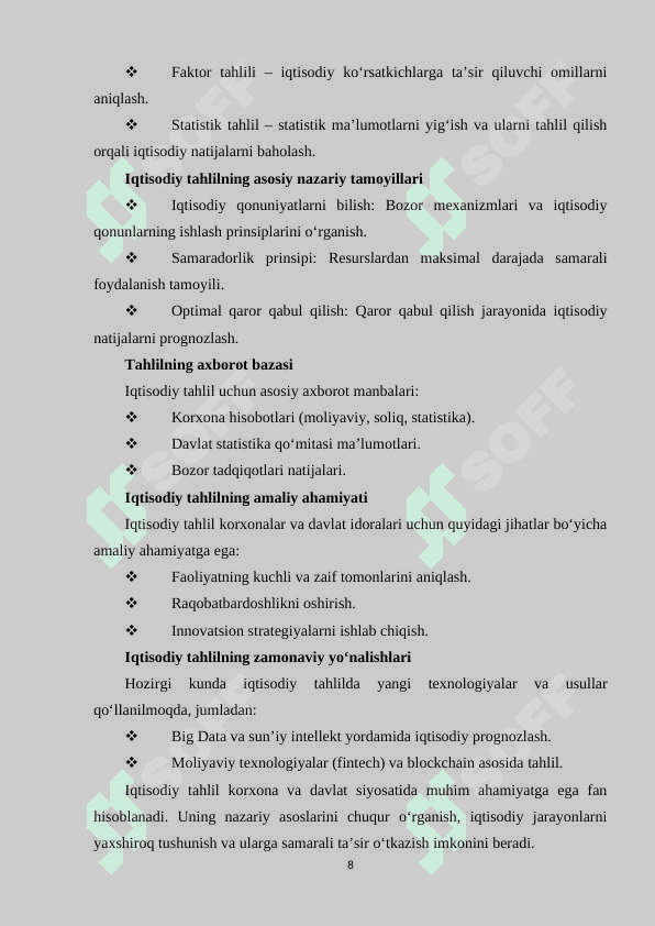 Iqtisodiy tahlil fanining nazariy asoslari, tahlilning zamonaviy boshqaruvdagi roʻli, oʻrni va ahamiyati 8