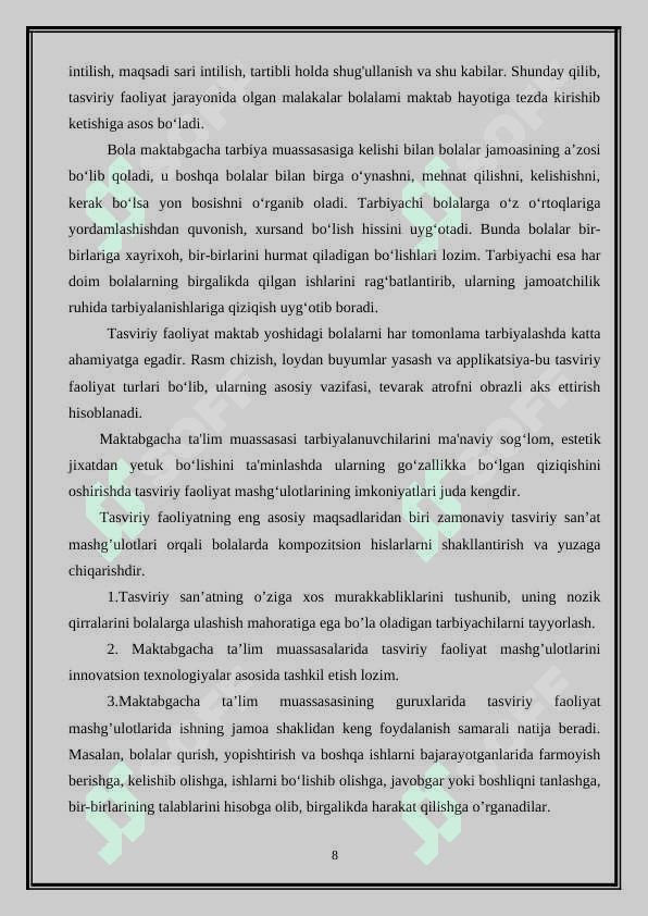 MAKTABGACHA YOSHDAGI BOLALARNI HAR TOMONLAMA TARBIYALASHDA TASVIRIY FAOLIYATGA O‘RGATISHNING AHAMIYATI 8