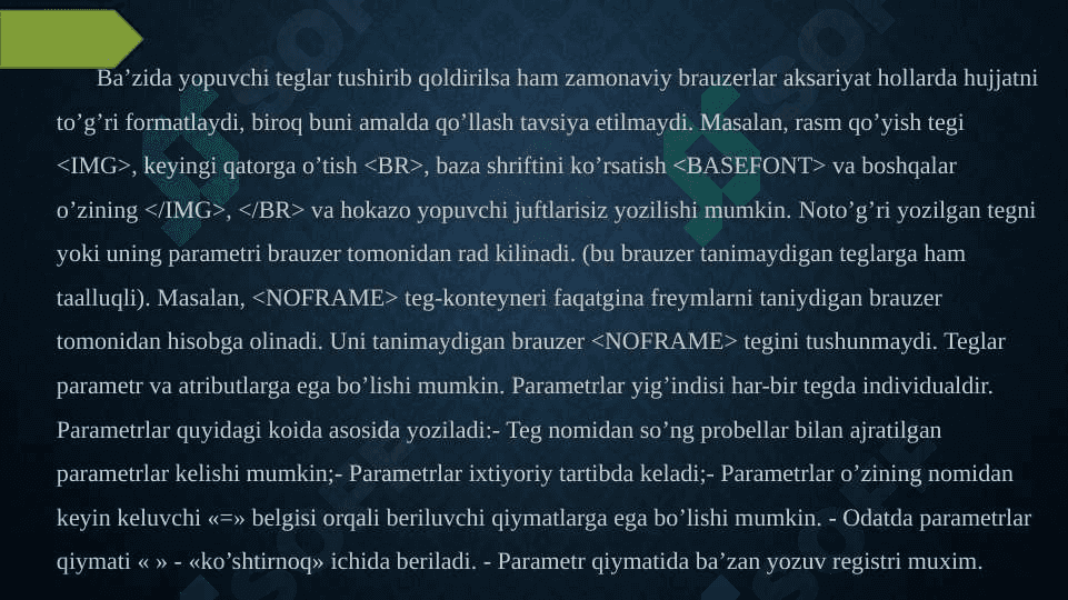HTML tiliga kirish. HTML xujjatning strukturasi. Sarlavxa elementlari. HTML asosiy element teglari 3