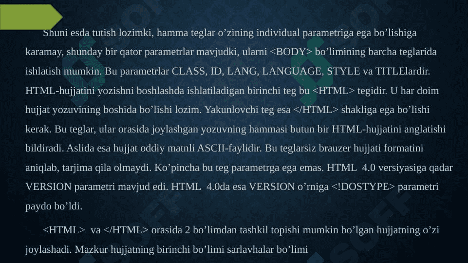 HTML tiliga kirish. HTML xujjatning strukturasi. Sarlavxa elementlari. HTML asosiy element teglari 4