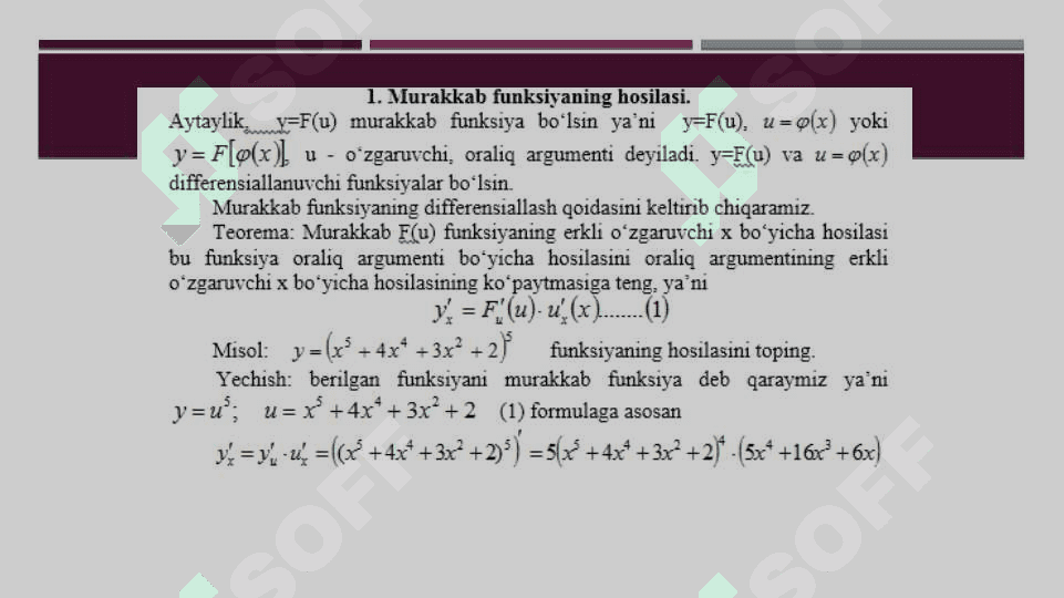 Murakkab va teskari funksiyalarning hosilalari 3