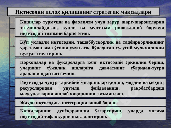 Iqtisodiy islohotlar, xususiy mulkchilikning shakllanishi. O’zbekistonda bozor munosabatlarining rivojlanishi. 5