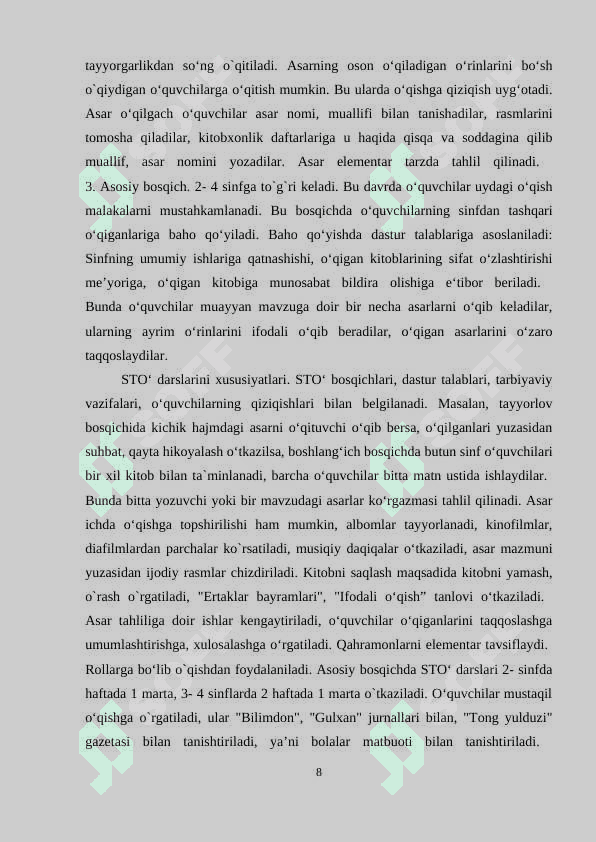 Sinfdan tashqari o'qish metodikasi 8