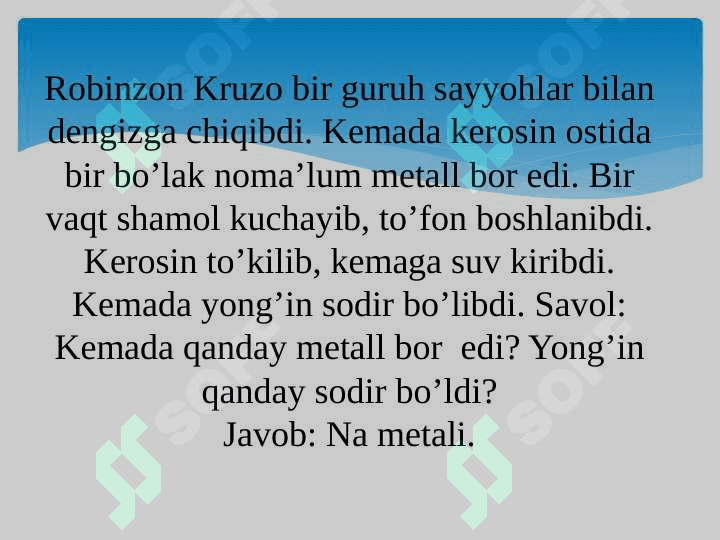 “Metallar” mavzusi bo`yicha tajribaviy masalalar yechish. 5