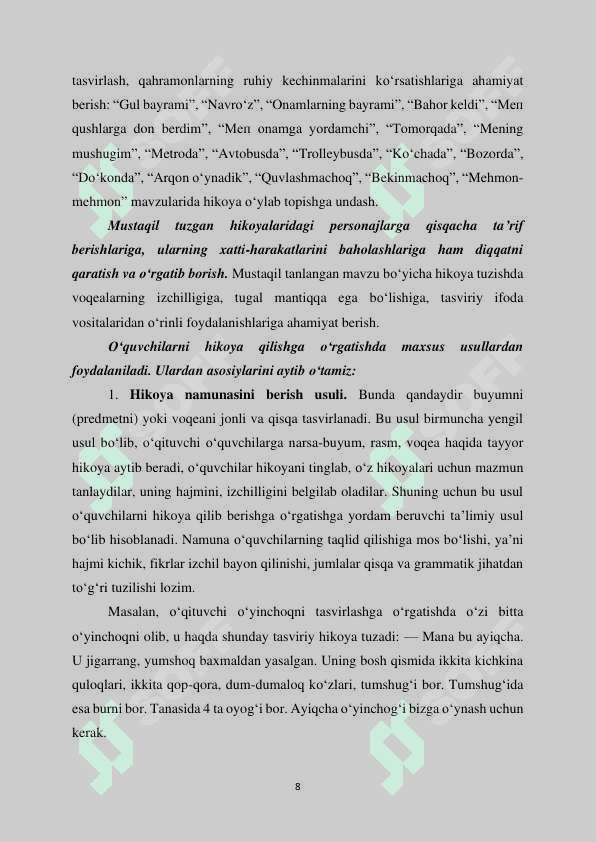 OʻQISH SAVODXONLIGI DARSLARIDA QAYTA HIKOYALASH TURLARIDAN FOYDALANISH. 8