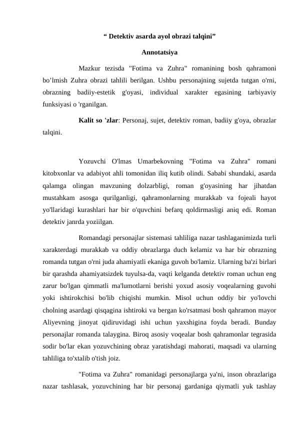 Detektiv asarda ayol obrazi talqini maqola
