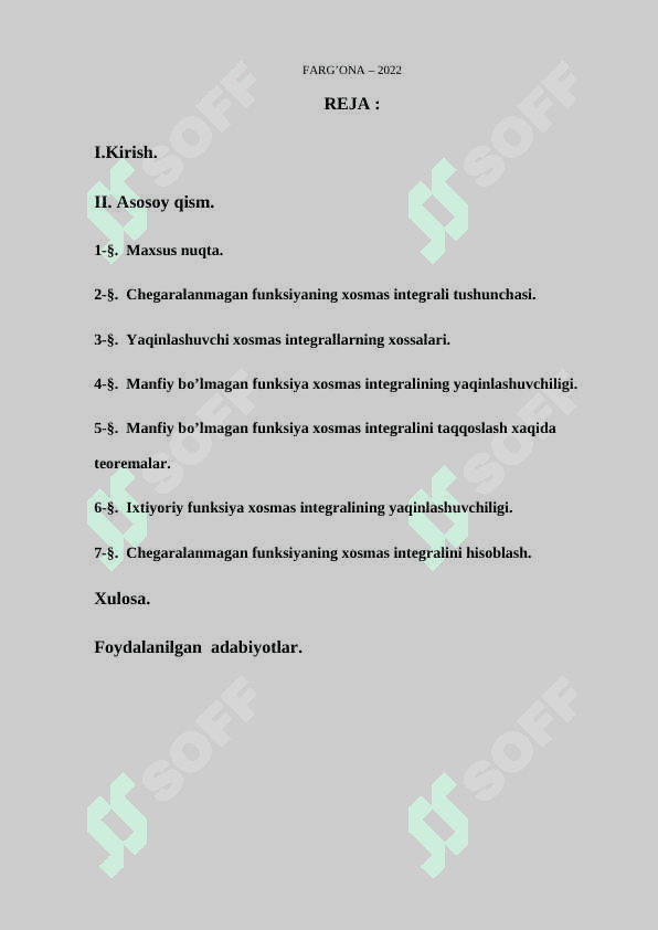 Chegaralanmagan funksiyaning xosmas integrallari 2