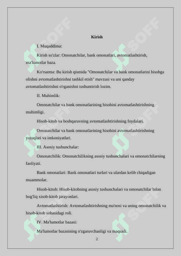 Omonatchilar va bank omonatlarini hisobga olishni avtomatlashtirishni tashkil etish uchun ma’lumotlar bazasini loyihalash 2