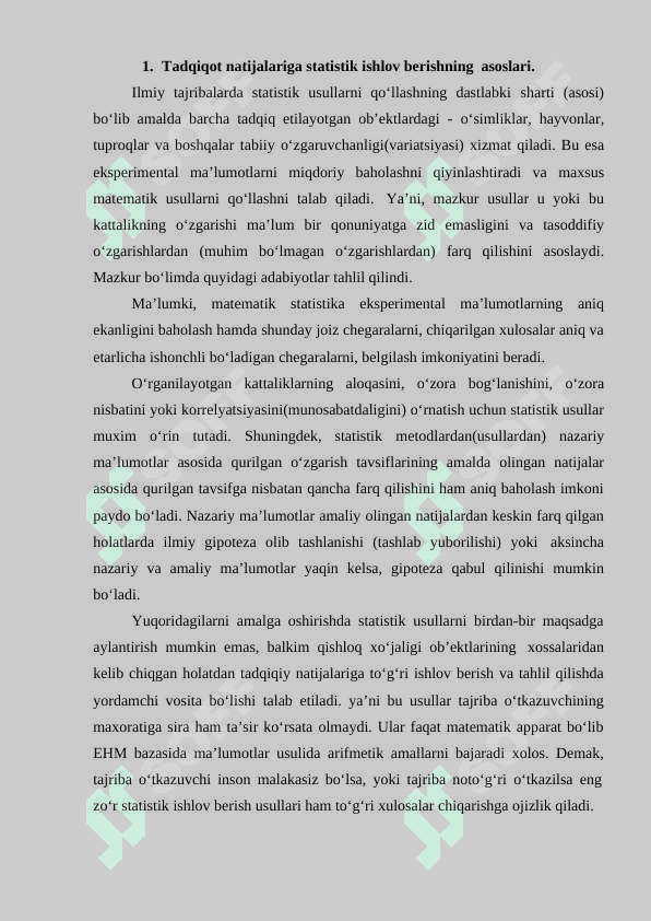Ilmiy tajribalarda statistik ishlov berish uslubiyatlarining mukammallashuvi. 2