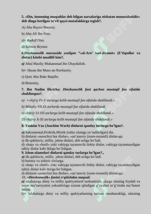dinshunoslikdan mavzulashtirilgan test 2