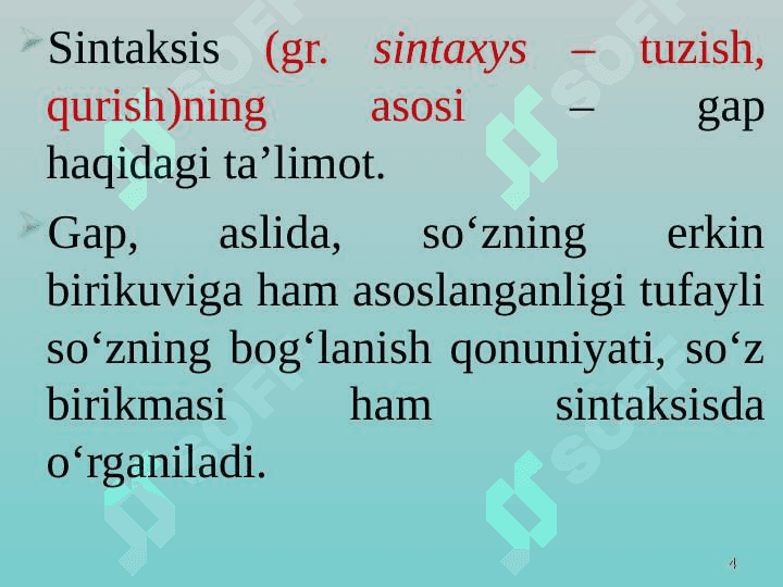Sintaksisning tadqiq manbayi va boʻlimlari. Nutq sintaksisi va lisoniy sintaksis 4