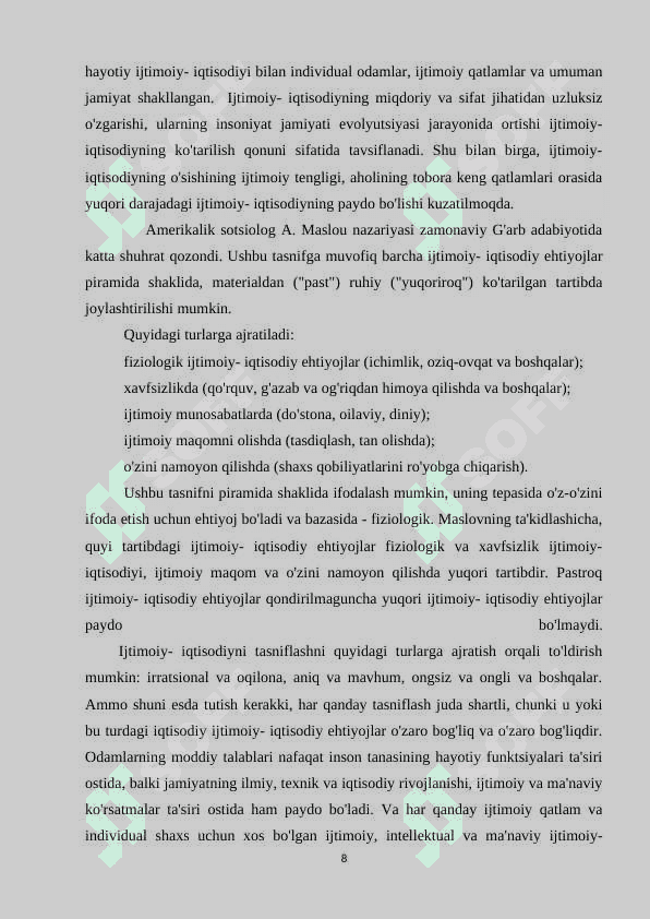 Ijtimoiy- iqtisodiy ehtiyojlarning mazmuni va ularning turkumlanishi 8
