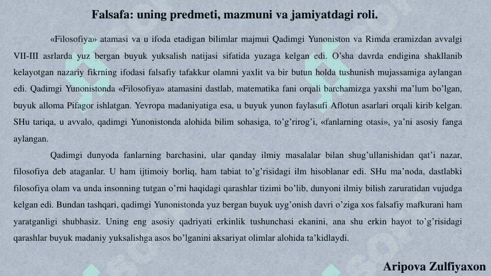 Falsafa va uning predmeti, mazmuni va jamiyatdagi roli 3