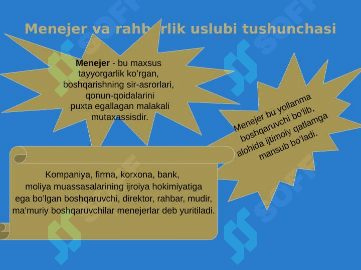 Menejerni rahbarlik  uslubi va  boshqarishdagi o’rni 3