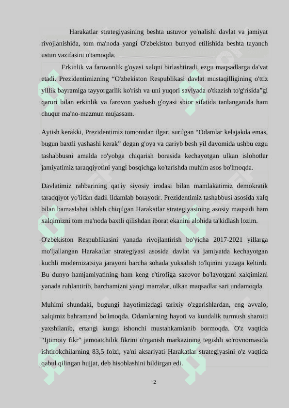 Oʻzbekiston Respublikasining harakatlar strategiyasi kurs ishi 2