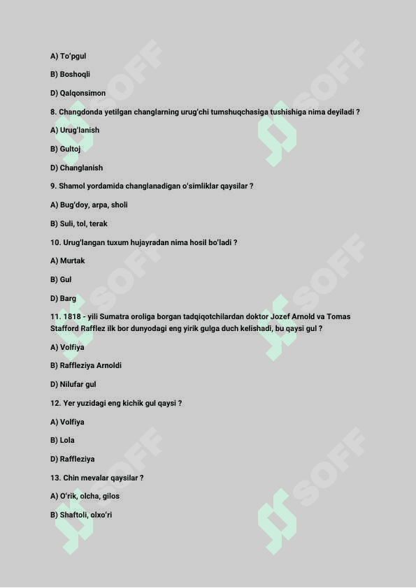 Biologiya 6 - sinf Mavzulashtirilgan test savollari javoblari bilan 2
