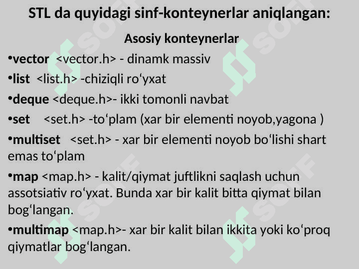 Chiziqli ma’lumotlar tuzilmalari. Chiziqli konteynerlar va ularni qo‘llash.  Iteratorlar. 7