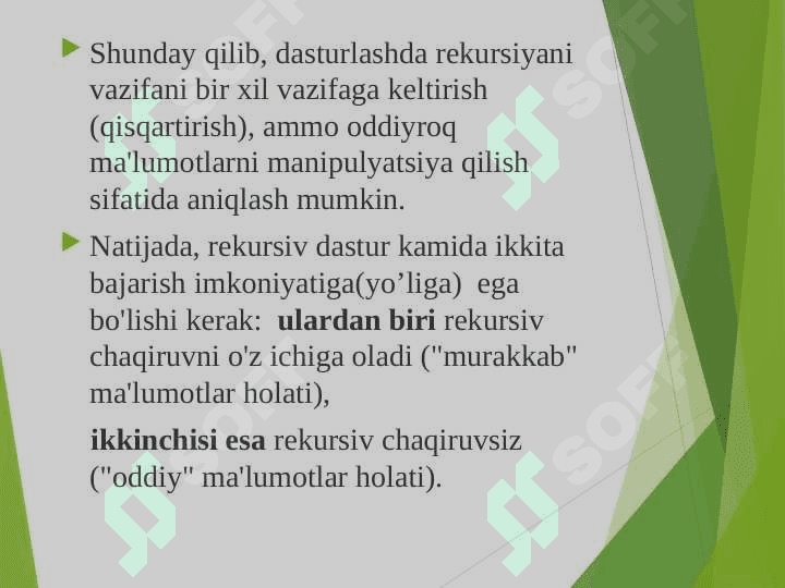 Rekursiya va uni dasturlashda qo‘llash. Rekursiv algoritmlar, ularning tahlili. Rekursiyaga doir misollar. 4