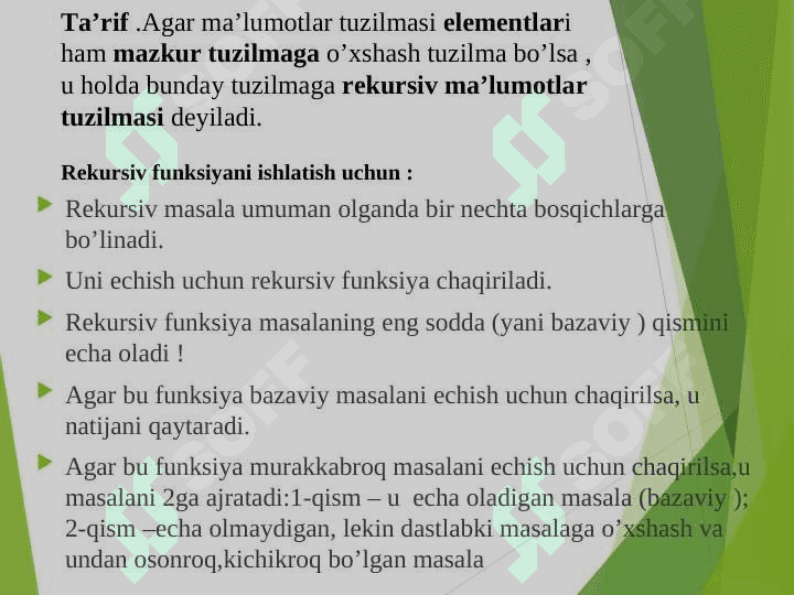 Rekursiya va uni dasturlashda qo‘llash. Rekursiv algoritmlar, ularning tahlili. Rekursiyaga doir misollar. 6
