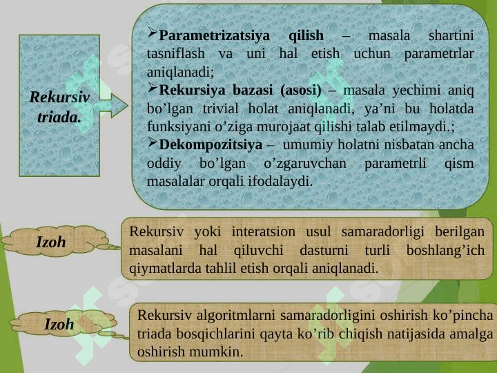 Rekursiya va uni dasturlashda qo‘llash. Rekursiv algoritmlar, ularning tahlili. Rekursiyaga doir misollar. 8